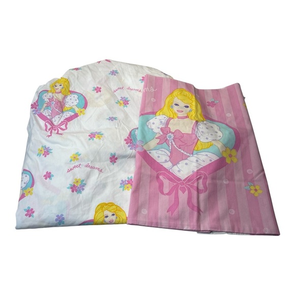 Barbie Sweet Dreams Vintage 1990’s Pink Ribbon Twin Fitted Sheet and Pillow Case - Picture 1 of 12